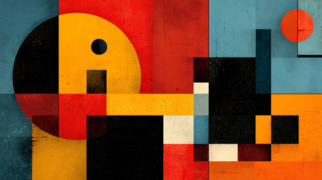 Textured Abstract Geometric Art with Circles and Rectangles in Red, Yellow, Blue, and Black
