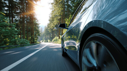 &ldquo;Electric car forest road sunlight motion eco friendly travel speed nature green&rdquo;