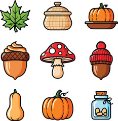 Cute Autumn Icon Set with Pumpkins, Acorns, Mushrooms, Harvest Treats Vector illustration