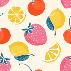 Seamless fruit pattern featuring lemon, strawberry, and orange. Fun and fresh design ideal for packaging, kids fabric, and summer decor.