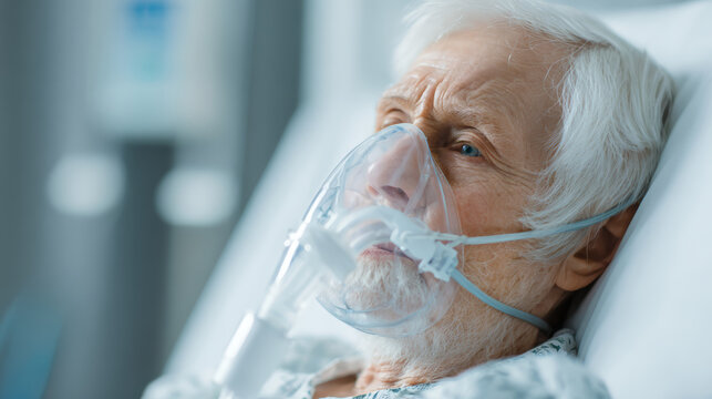 Elderly man hospital bed oxygen mask illness healthcare senior patient medical emergency treatment