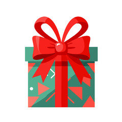 A vector illustration of a green gift box decorated with red triangles and a large red bow.