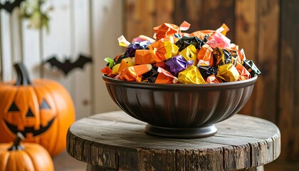 Halloween candy bowl on rustic table