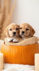 Cute little puppy sitting in a pumpkin basket on an orange background with space for text