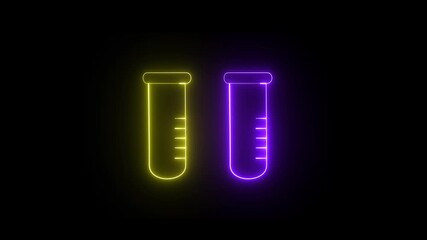Glowing neon line Bottle with liquid icon animation on black background. Liquid drop test for science experiment infographic icon. - Powered by Adobe