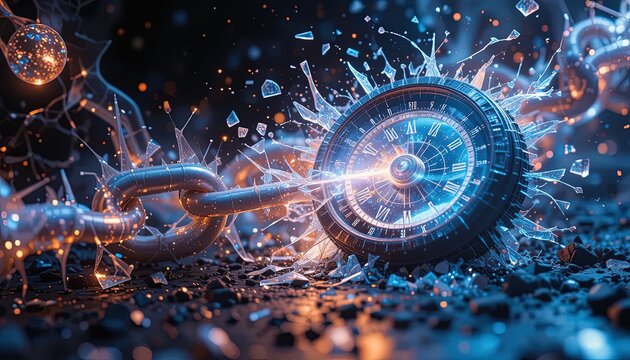 A metallic chain and compass, shattered by an unseen force, symbolize breaking free from limitations and embracing a new path.