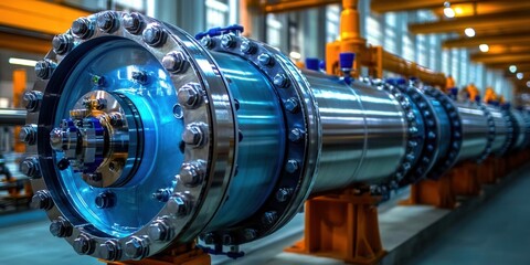 Obraz premium Intricate metallic machine part highlighted in a factory setting, showcasing industrial design and engineering.
