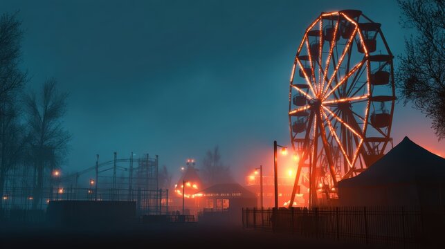 Nighttime at a deserted amusement park featuring a glowing ferris wheel and eerie fog - Powered by Adobe