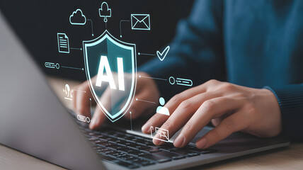 AI Technology: A close-up shot shows a pair of hands intently typing on a laptop keyboard, overlaid with an AI-themed graphic shield representing the cutting edge of technology.