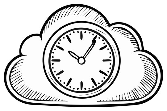 Sketch Illustration of Analog Clock Encased in Cloud Shape Symbolizing Timelessness and Cloud Computing Connection