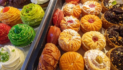 Colorful pastries in a display case