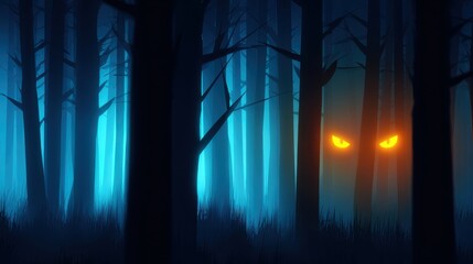Mysterious forest at night with glowing eyes peering through the trees and eerie blue light illuminating the scene