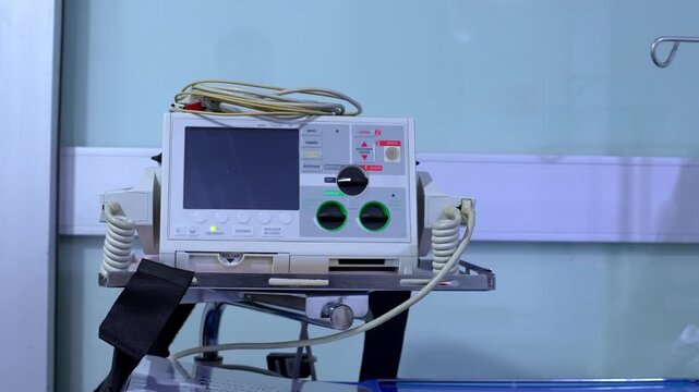 Close up view of a Medical machine with lights on and buttons for life support.
