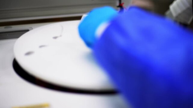Scientist doctor installs a sample into a biochemistry analyzer. Medical apparatus for the analysis of blood. Blood samples spinning in centrifuge. Lab worker closing lid, turning it on