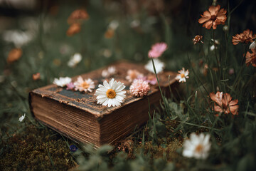 an open book laying on top of a lush green field