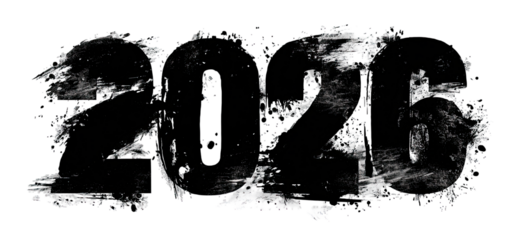 Text graphic of the year 2026, rendered in a distressed, splattered style