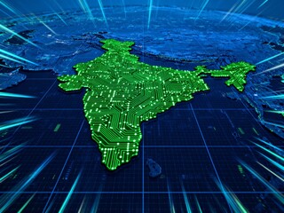 Digital India concept with a glowing green circuit board map over a futuristic data grid