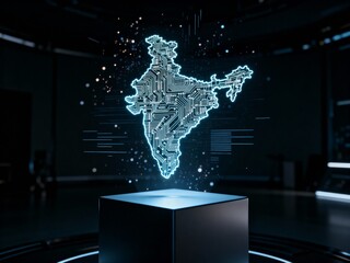Futuristic holographic projection of India's map with digital circuit board technology