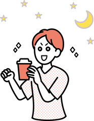 カフェインで眠気を覚ます当直中の医師のイラスト