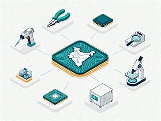 Isometric infographic of India's electronics and chip production industry ecosystem