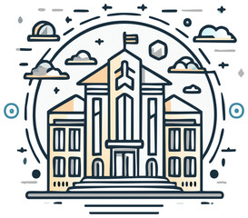 Line art icon of an institutional building with a prominent aviation symbol and flag.