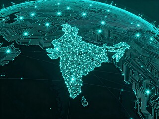 Futuristic digital globe with a glowing circuit map of India as a technology network hub
