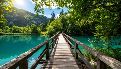 Naklejka premium A tranquil wooden bridge stretches across a vibrant turquoise lake, surrounded by lush greenery and mountains under a bright, sunny sky.
