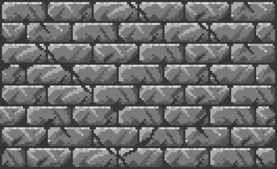 Pixel art background with seamless pattern of weathered and cracked, grey dungeon wall bricks. for 2D game backgrounds, wallpaper, game asset, digital art, retro game, pixelated stone texture.