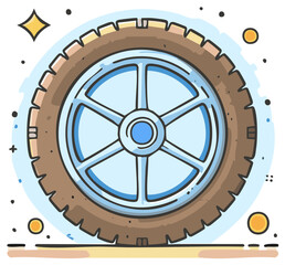 Obraz premium Cartoon illustration of an auto wheel with a rubber tire and metal rim