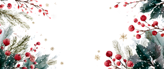 Winter watercolor background presentation design wit text space for display, wnter branches and berries,pine twigs and snowflakes n a white background with mpty center area for text enerative AI
