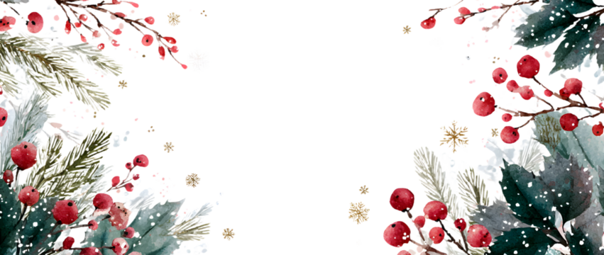 Winter watercolor background presentation design wit text space for display, wnter branches and berries,pine twigs and snowflakes n a white background with mpty center area for text enerative AI