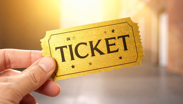 Close-up golden ticket held by hand under warm cinematic light symbolizing exclusivity and opportunity.