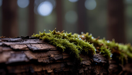 Naklejka premium Tropical Moss on Damp Tree Bark with Dew Drops in Diffused Blue Morning Light for Micro Ecosystem Detail