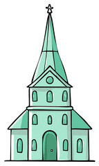 Teal Colored Church Building Vector Illustration with Tall Steeple and Cross