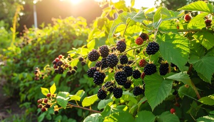 Blackberry bushes laden with ripe berries in sunlight
