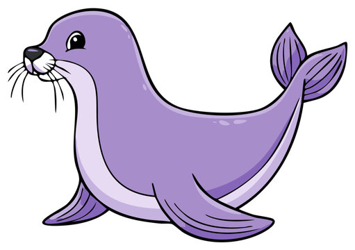 Charming purple seal cartoon illustration, a cute aquatic animal character with smooth lines and whiskers