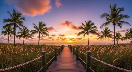 Panorama view of footbridge to the beach at sunrise