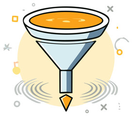 Cartoon Graphic Showing a Funnel Processing Liquid with Ripple Effect and Geometric Shapes