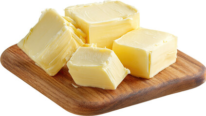 Four butter cubes on a wooden cutting board
