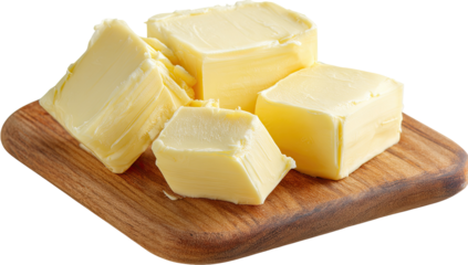Four butter cubes on a wooden cutting board