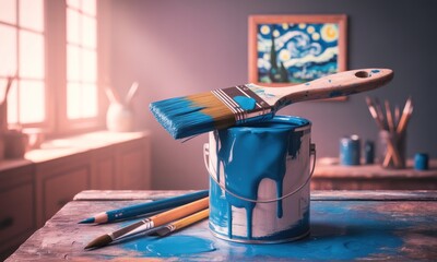 Blue paint can, brush, and art supplies on a table in a studio.  Sunlight streams through a window.  A reproduction of a famous painting is visible on the wall