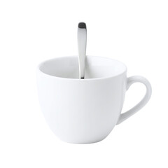 White ceramic coffee cup with a spoon