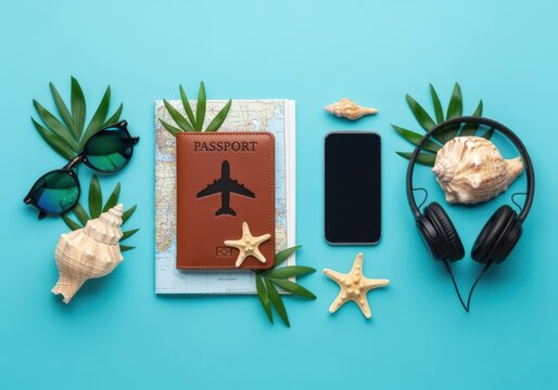 Vacation essentials: passport, phone, and summer accessories. - Powered by Adobe