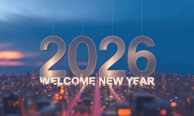 Cityscape at twilight, 2026 greeting hanging