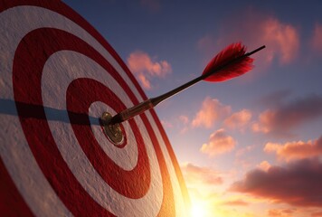 Arrow pierces the bullseye of a target, set against a dramatic sunset sky with vibrant red and white concentric circles
