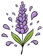 Purple Lavender Flower Cartoon Illustration with Water Drops