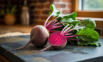 Fresh beetroot with leaves on a slate board