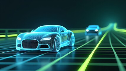 Futuristic Digital Highway with Wireframe and Solid Cars - Modern Tech-Art Concept of Virtual and Real Transportation