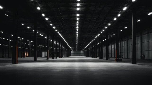 Dark empty warehouse, modern interior factory