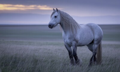 Majestic light gray horse in a field at dawn